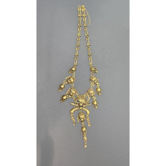 Gold Tone Skull & Crossbones Statement Necklace Gothic Punk Bones Chain Cosplay - Picture 3 of 8
